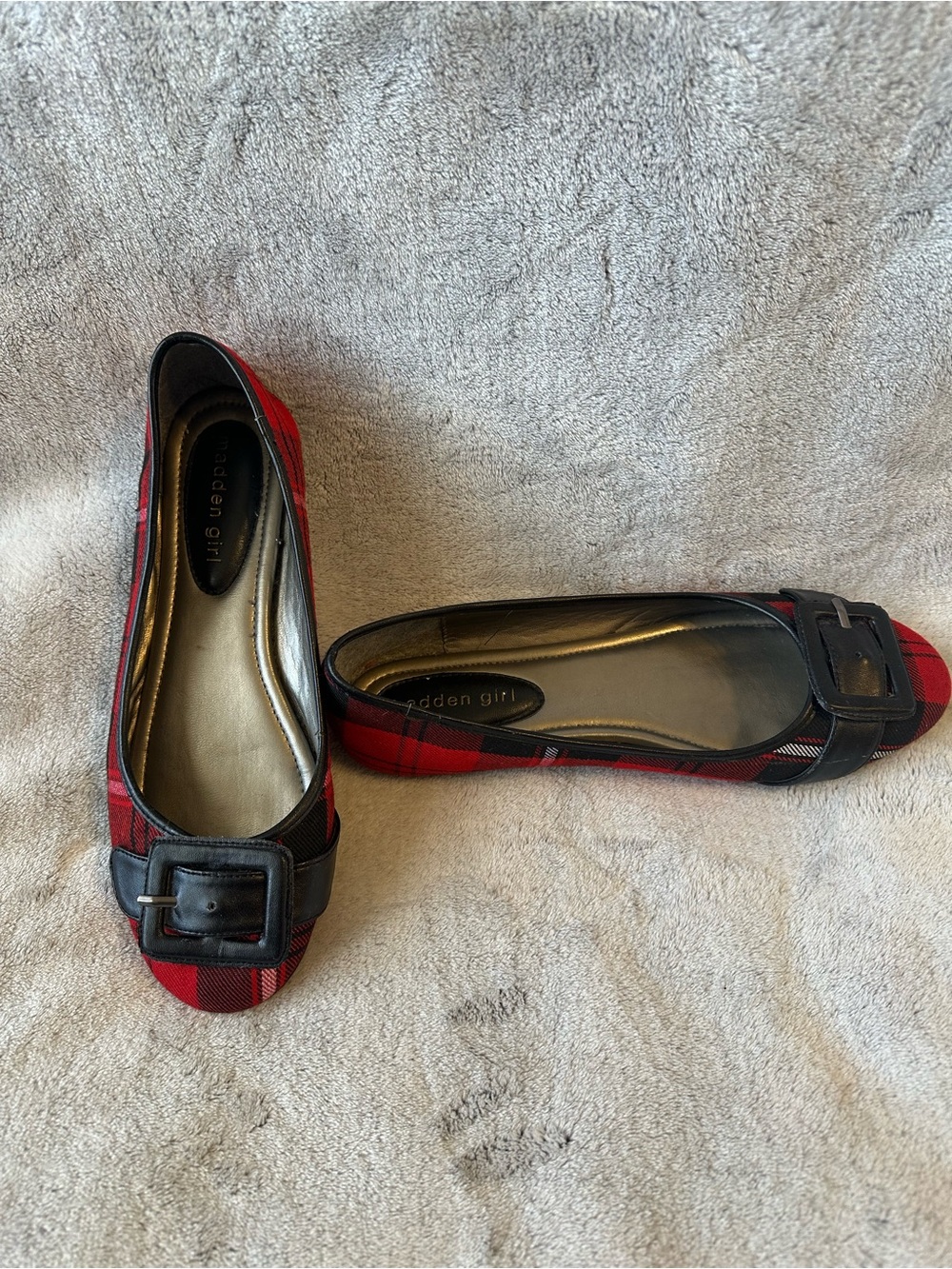 Steve Madden Red and Black Plaid Buckle Ballet Flats